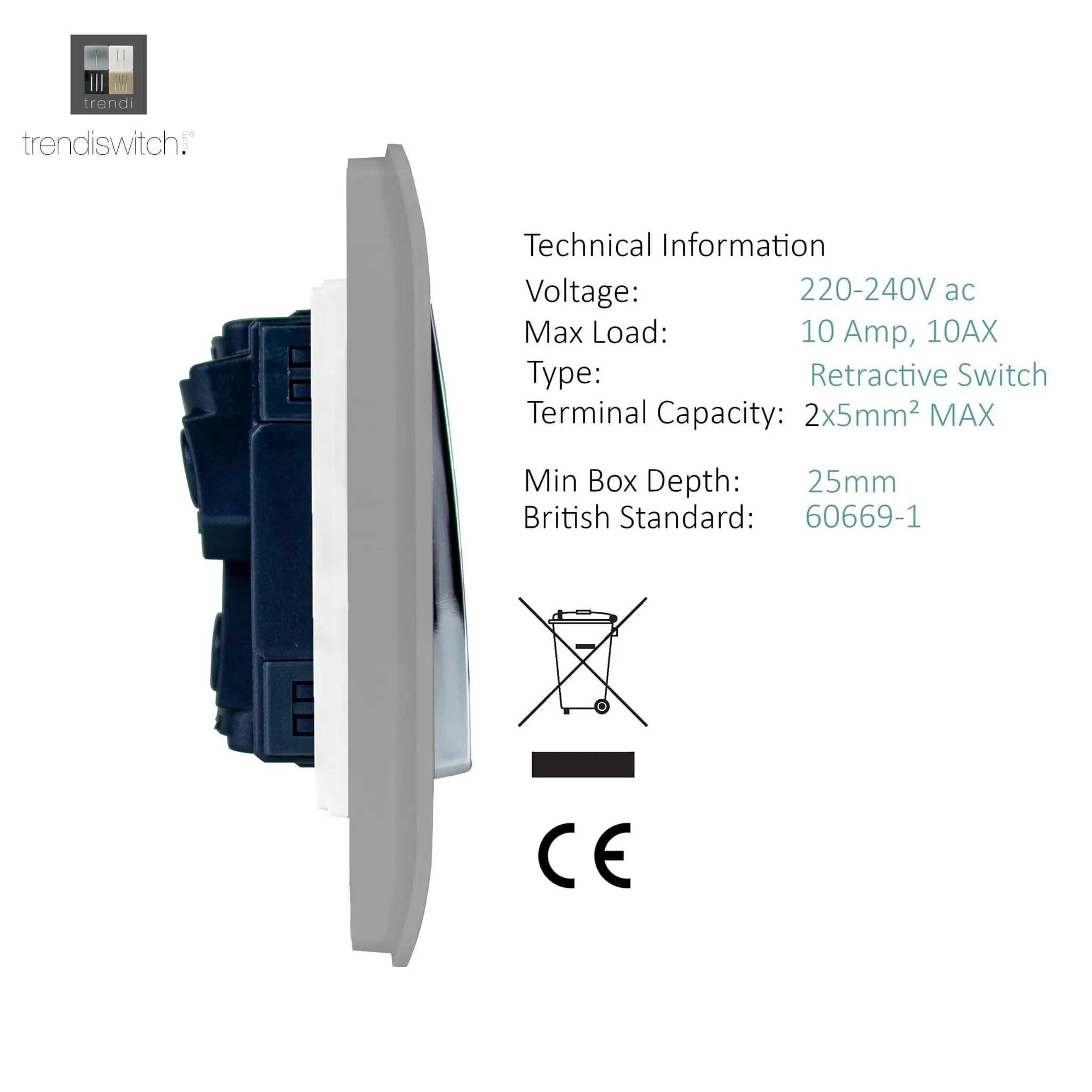 2 Gang Retractive Home Auto.Switch Light Grey ART-SSR2LG  Trendi Light Grey